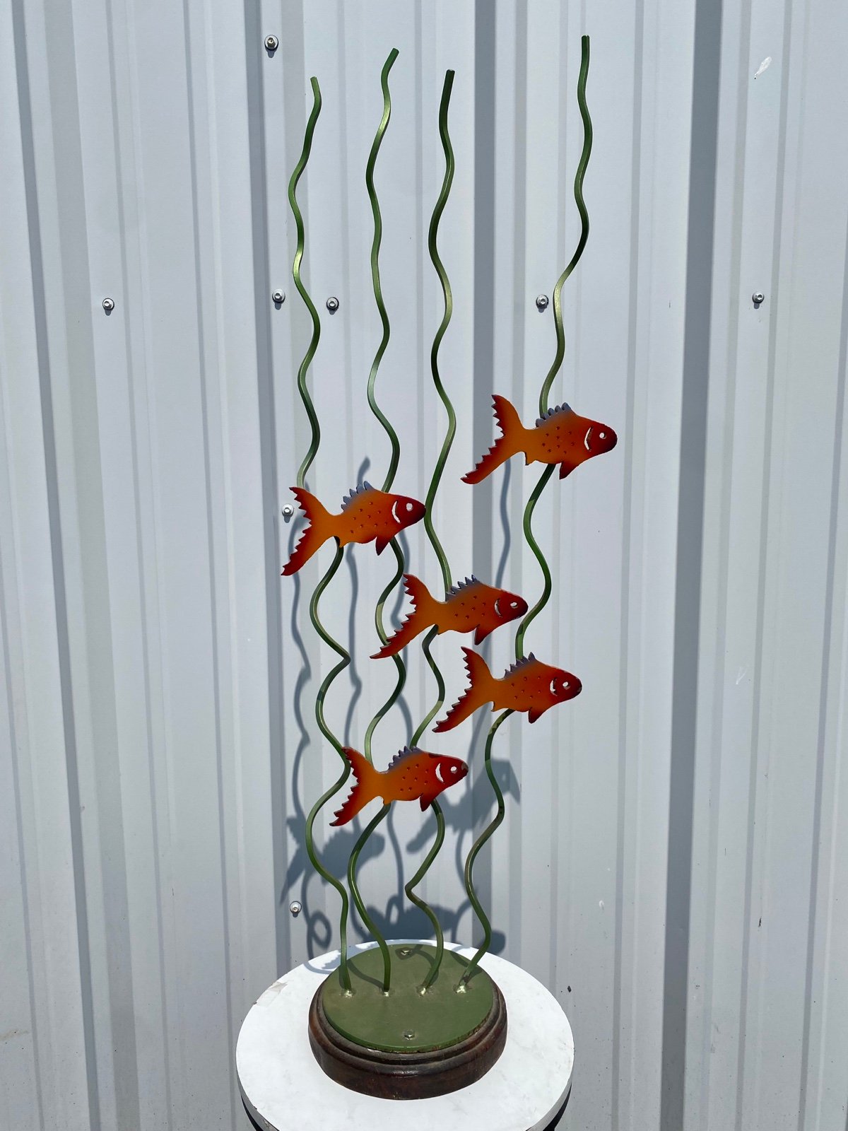 Vintage Hand Made Large Metal Painted Fish & Seaweed Sculpture Wood Base Heavy A