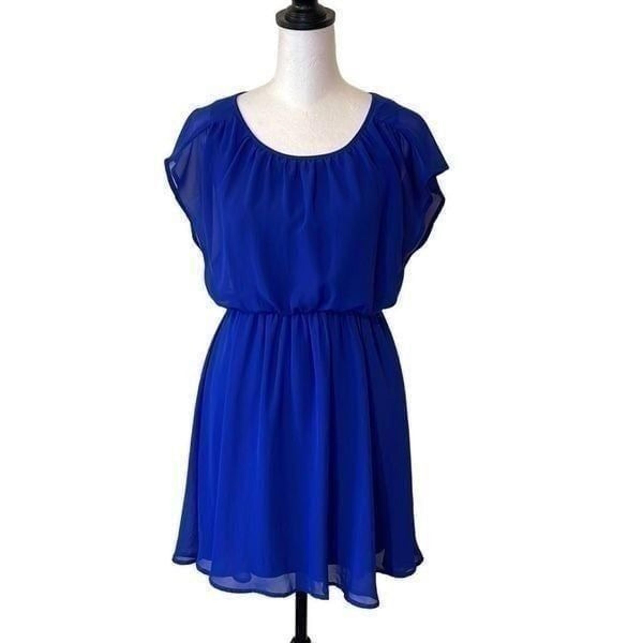 Lush Women's Mini Dress Elastic Wiast Flutter Sleeve Flare Swing Blue Size XS