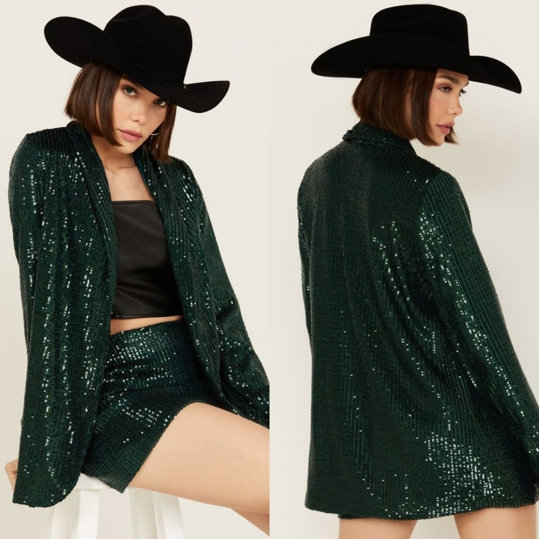 NEW NWT Show Me Your Mumu Oversize Longline Sequin Dance Blazer Drk Green SIZE S