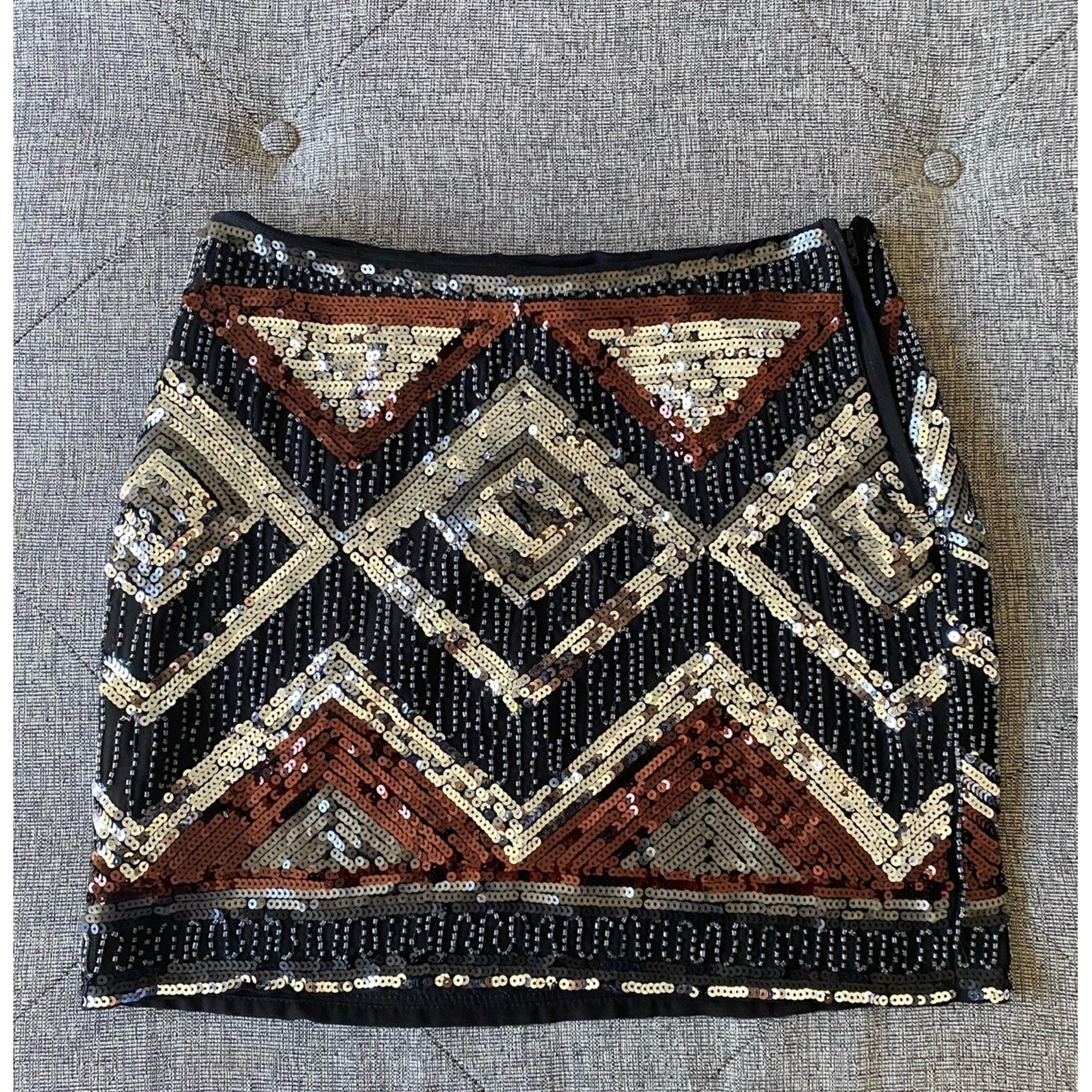 H&M Beaded Sequin Mini Skirt sz 6 Black Tan & Rust