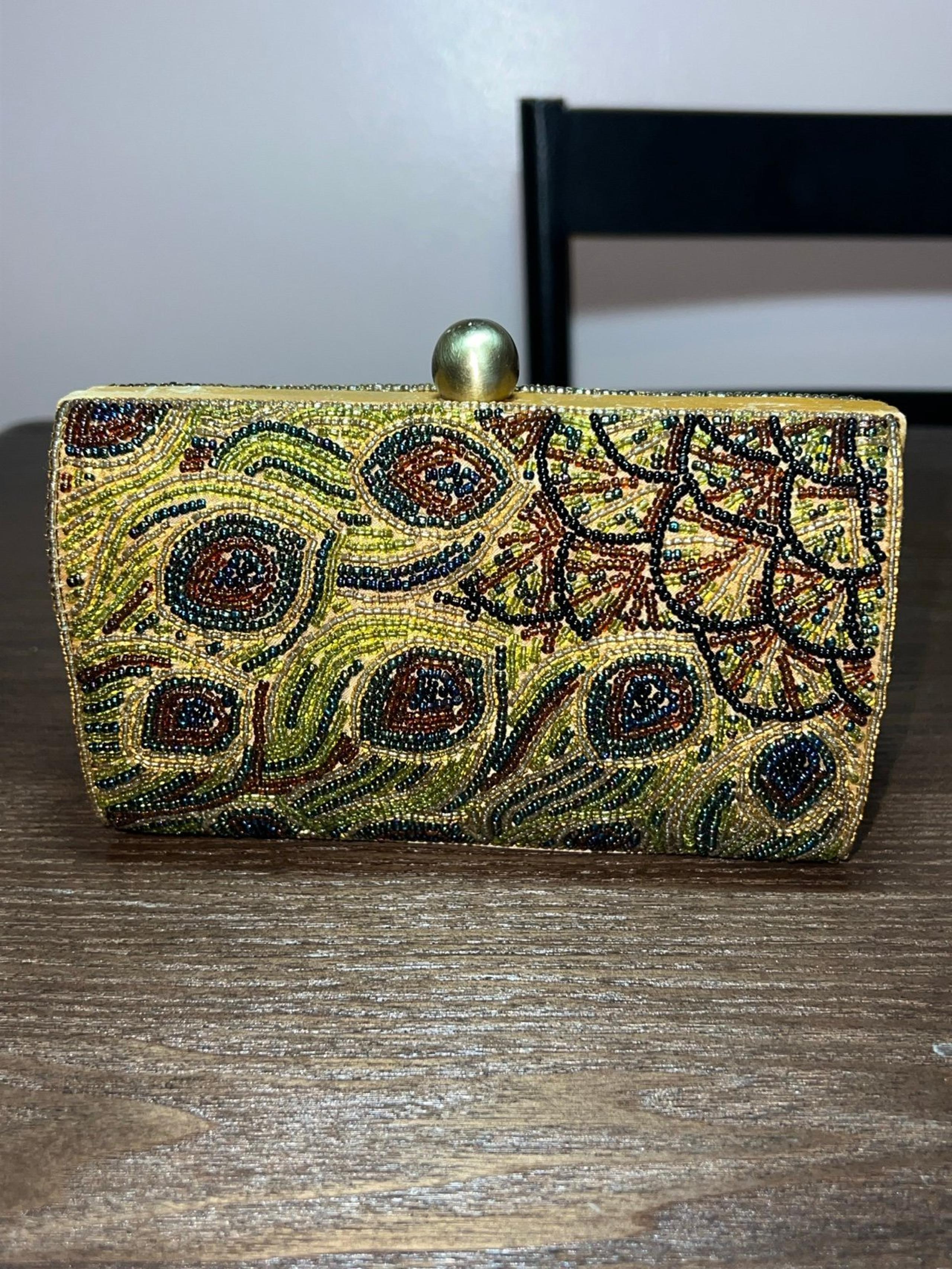 Vintage Valerie Stevens Beaded Peacock Hardshell Clutch Crossbody Purse