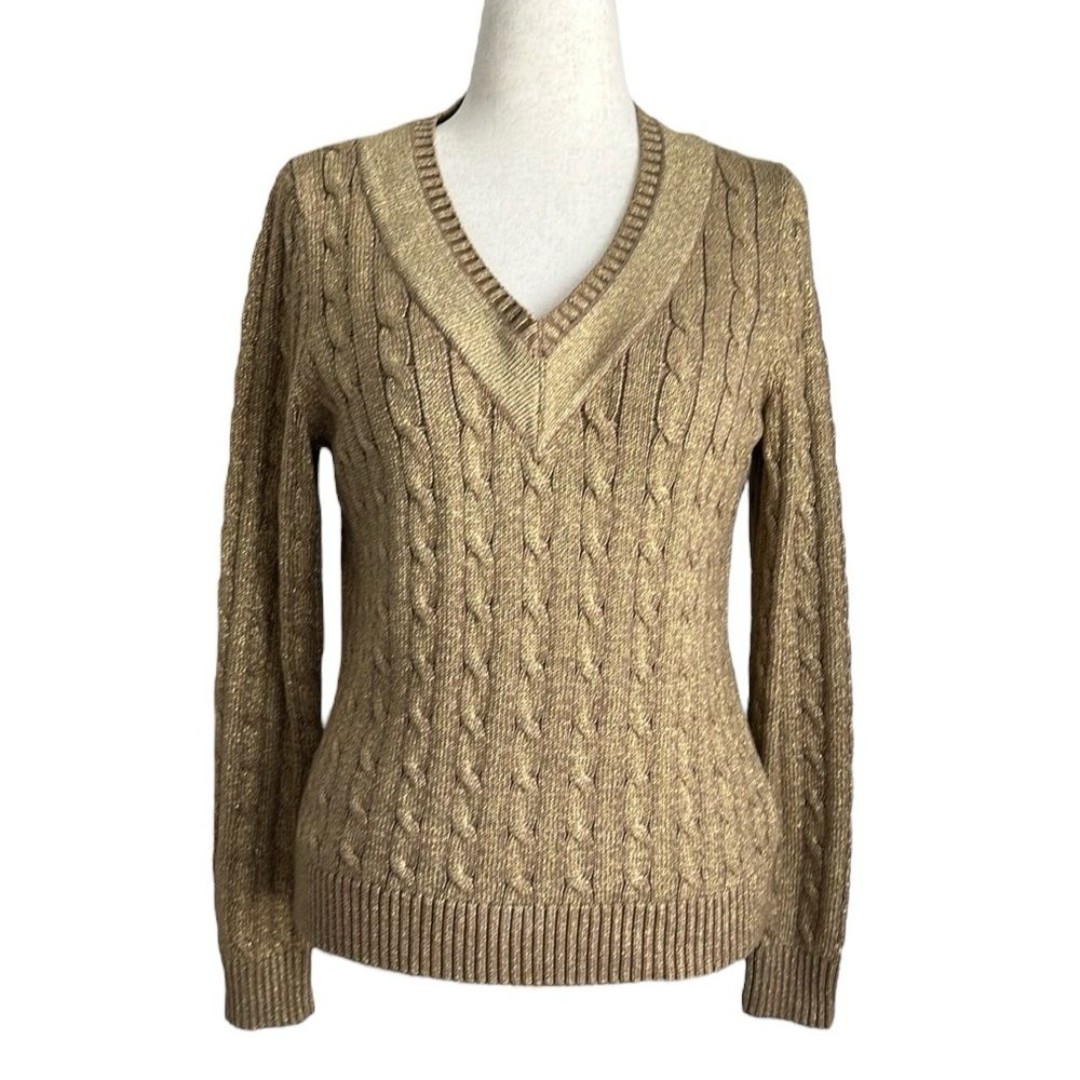 VTG Ralph Lauren Active Women's Cable Knit Sweater Long Sleeve Gold Metallic L