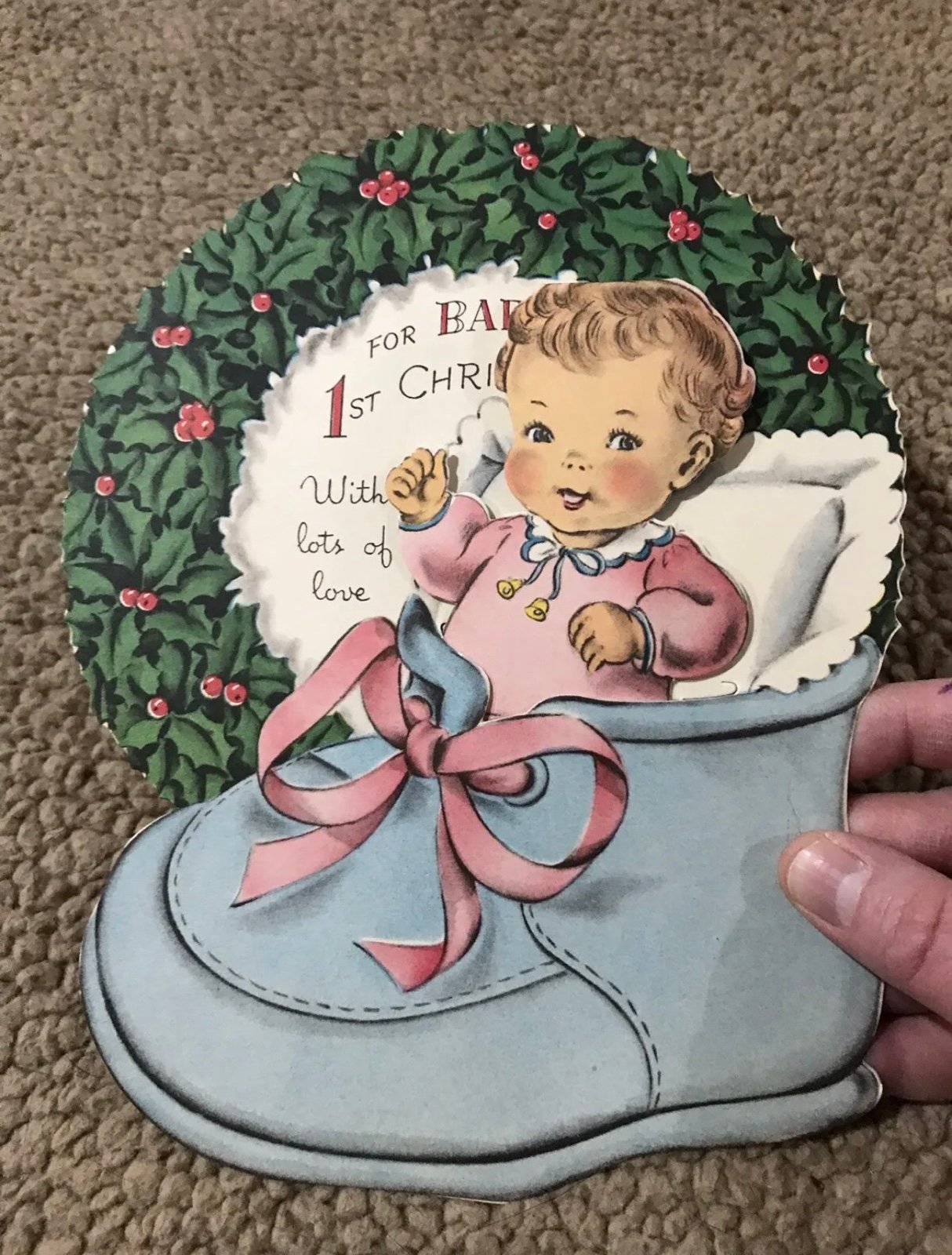 Norcross Double-Wish Baby’s First Christmas Vintage Card Stand Baby Is Removable