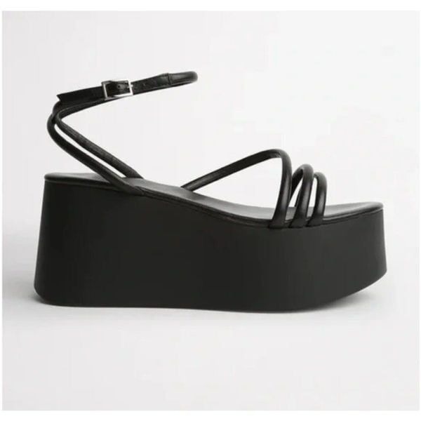 Tony Bianco Women SZ 10 Tony Black Leather Platform Open Toe Strappy Sandals