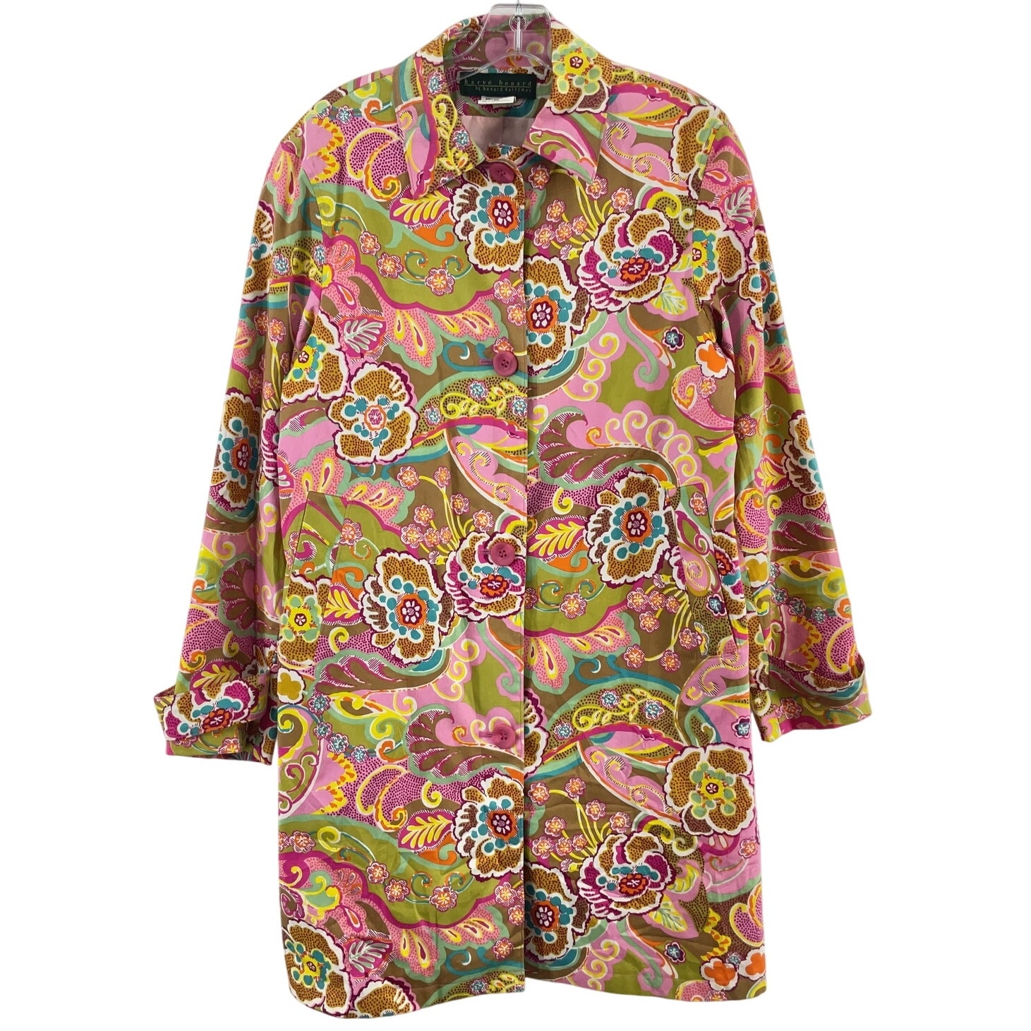 Harve Benard Pink/Green Paisley Floral Trench Coat Women’s Size 10 Cotton Blend