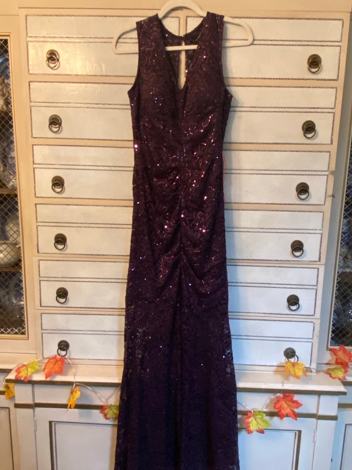 Marina Sequin Lace V-Neck & Back 3/4 Illusion Sheer Gown In Eggplant Size 6