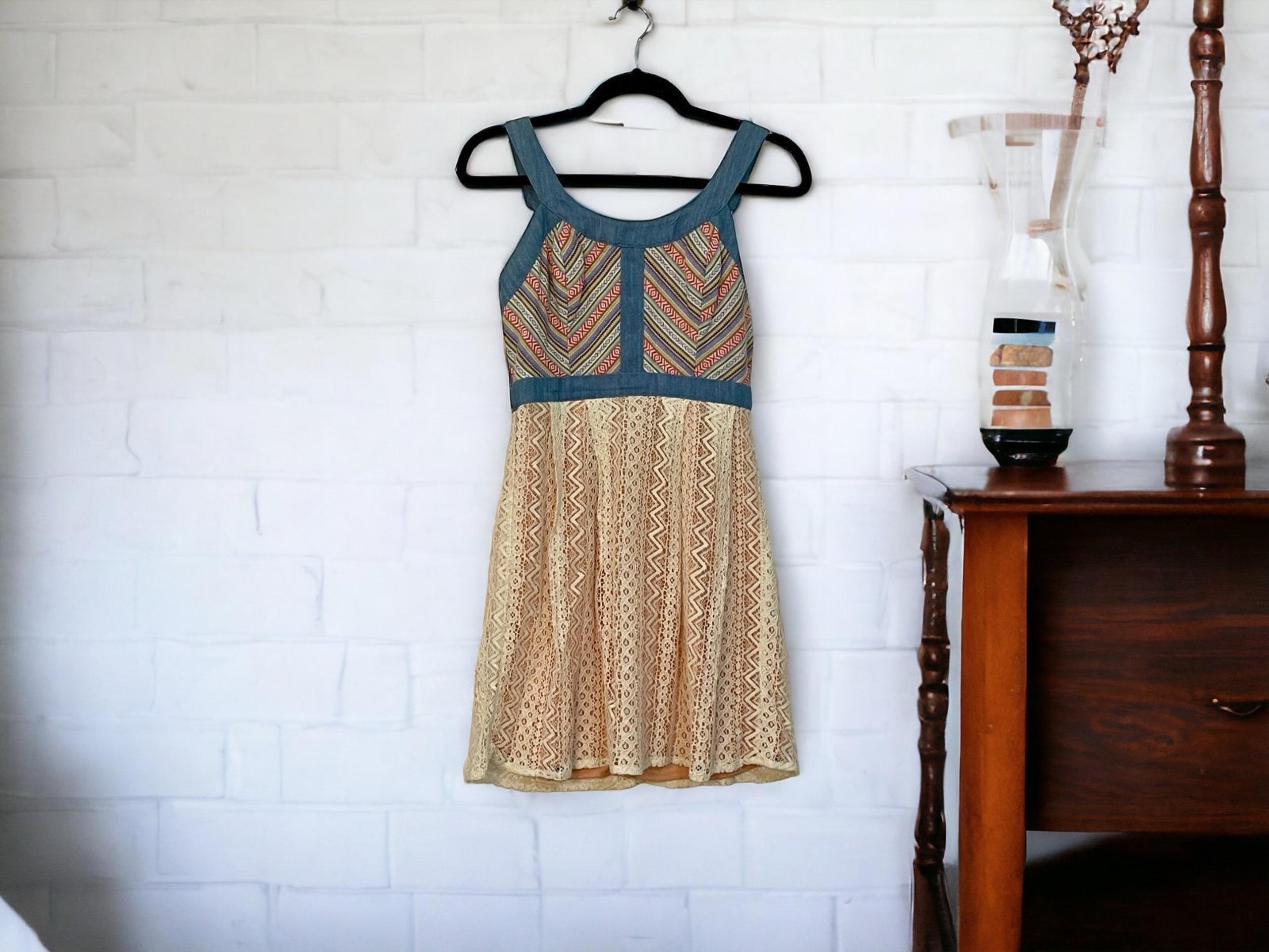 Flying Tomato Women's Sun Dress Size Small Tribal Denim Lace Boho Empire Waist