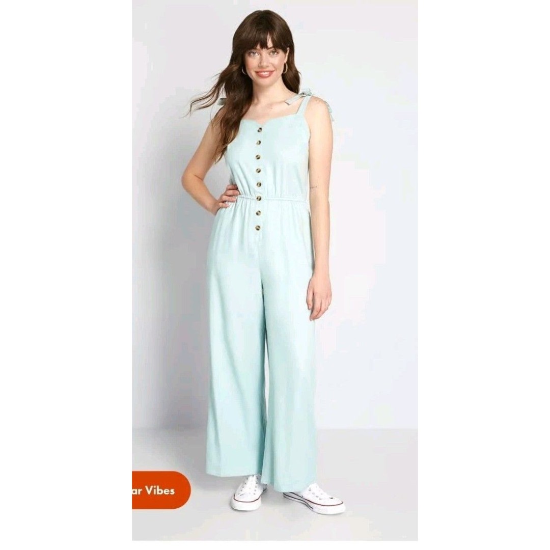 Modcloth Every Waking Momentum Jumpsuit Linen Blend Light Blue Size M NWT