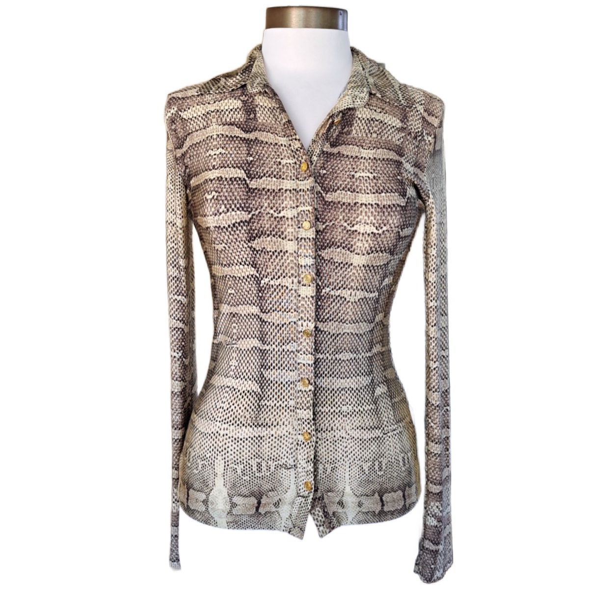 Roberto Cavalli Snake Print Button Down Shirt Top Fits XS Cream Black