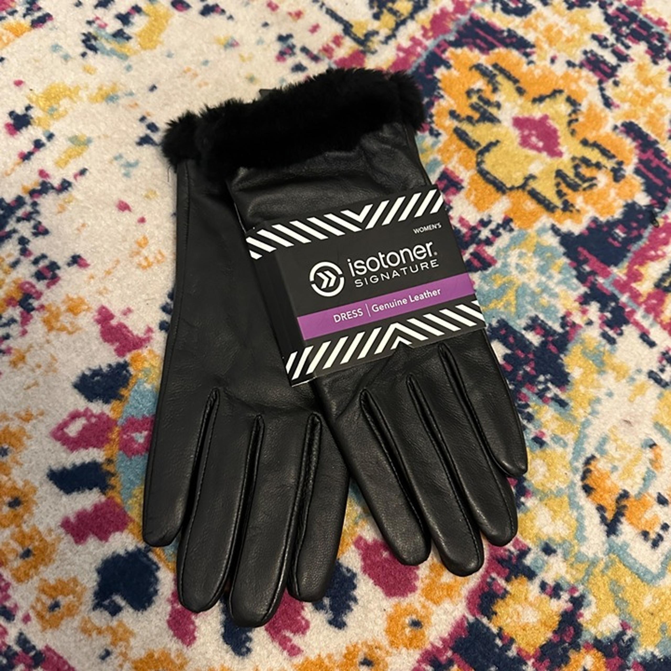Isotoner Womens Signature Dress Leather Gloves Size 8 Large Faux Fur Black NEW