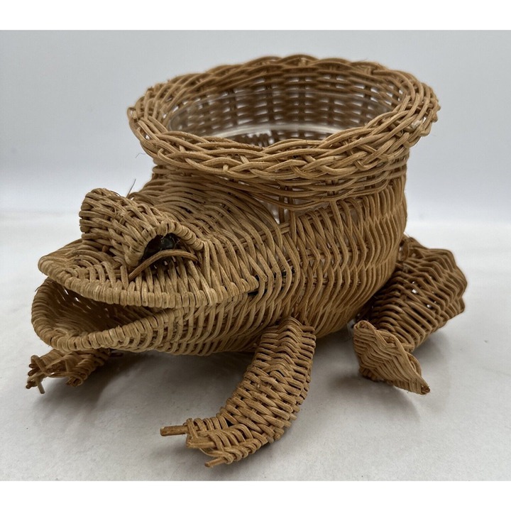 Vintage Wicker Frog Planter Basket with Marble Eyes