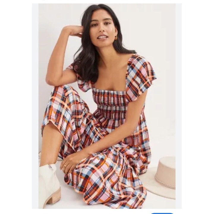 By Anthropologie Size XL Plaid Maxi Dress Ruffle Sleeveless Smocked