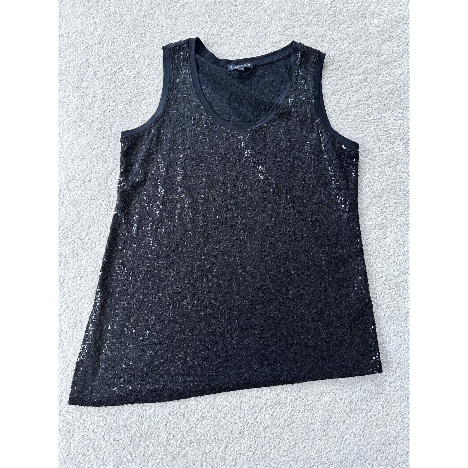 Eileen Fisher Womens 100% Silk Sequined Tank Top XS Black Asymmetrical Hem