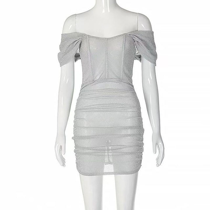 Short-sleeved dress skirt hip 1 shoulder mesh dress female