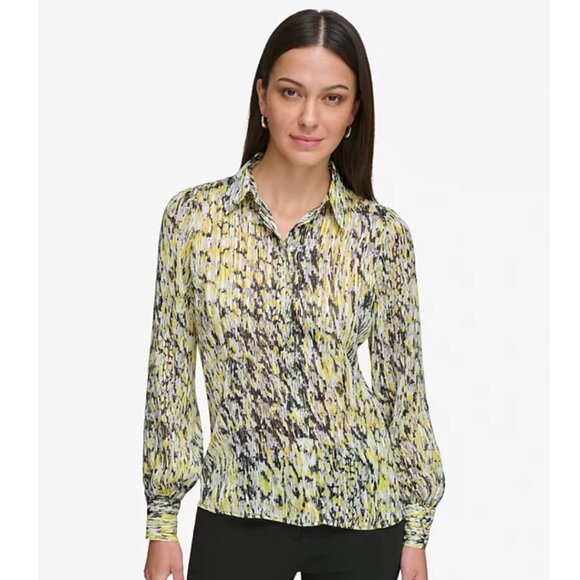 NWT DKNY Women's Abstract-Print Button-Up Limonata Multi Shirt Size XL