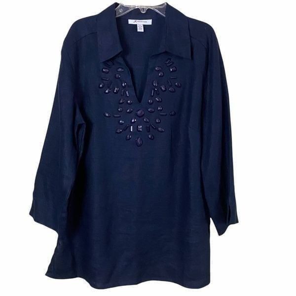 JM Collection Lined Dark Navy/Black Tunic Beaded Top Size 8