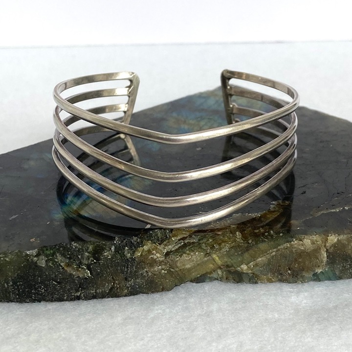 Sterling Silver 925 Modernist 22MM Wide Multi Row 4 Band V Cuff Bracelet Sz 7.5