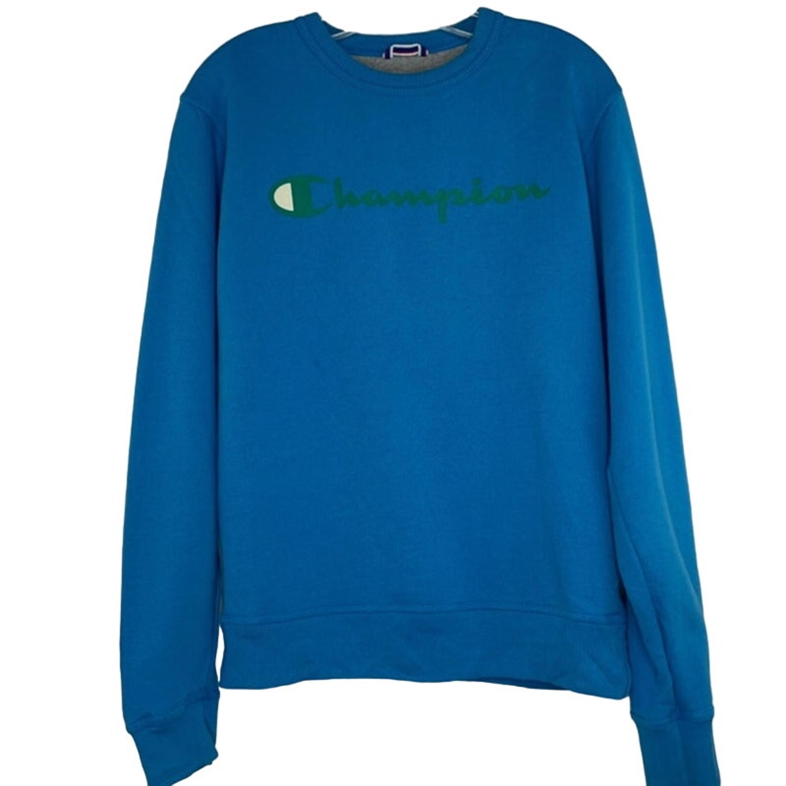 Champion blue pullover sweatshirt green logo distressed athleisure size Small