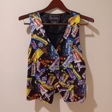 NWT Vintage NICOLE MILLER 100% Silk Waist Coat Vest Sweets Candy Print Size L