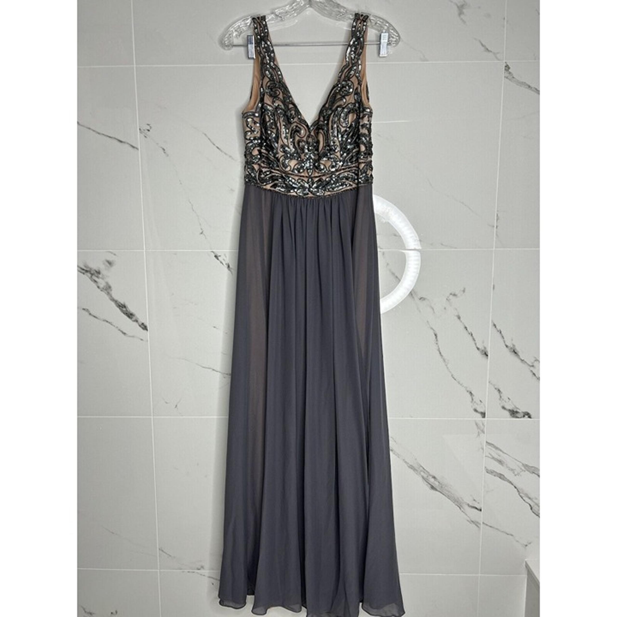 Sue Wong Gown Gray Embellished Empire Chiffon Flare Skirt Formal Prom Wedding