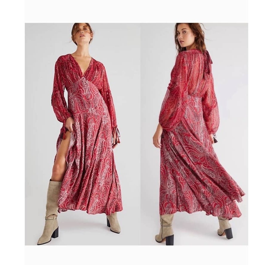 New Free People Mirage Paisley Maxi Dress 198 SIZE 2 Red Boho Empire Waist