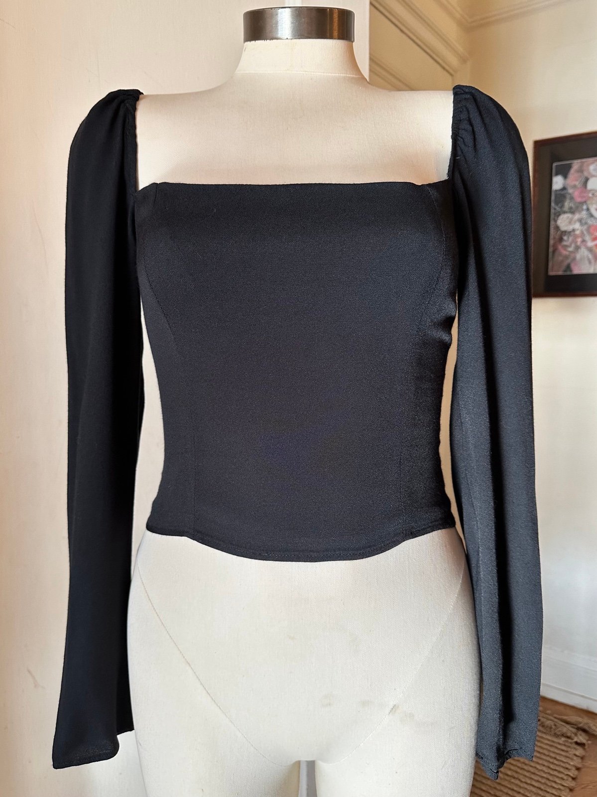Reformation Black Top Smocked Back Crop Long Sleeve Women's Size