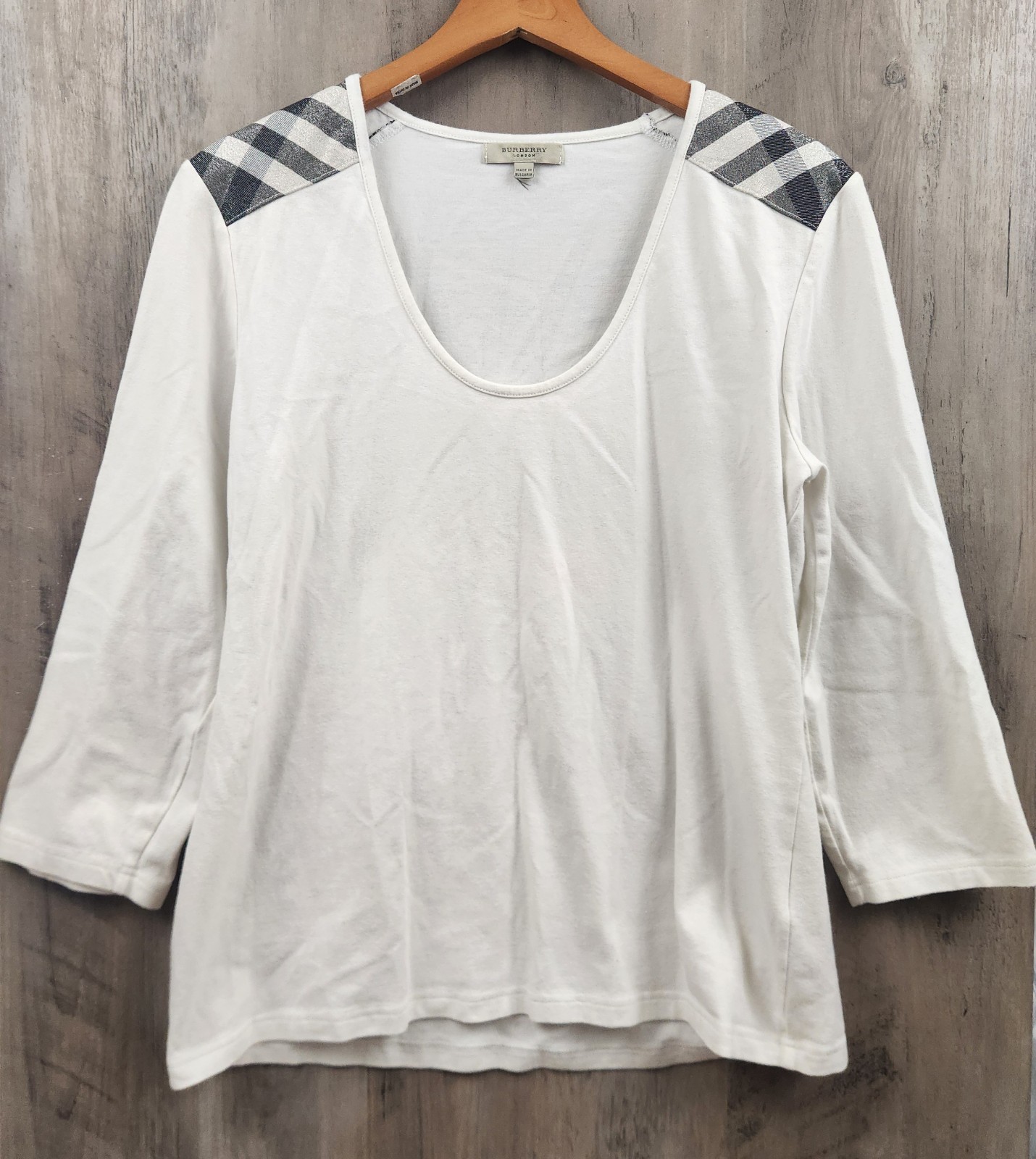 Burberry London 3/4 Sleeve Cotton Blend Striped Shoulder Basic T-Shirt Size M