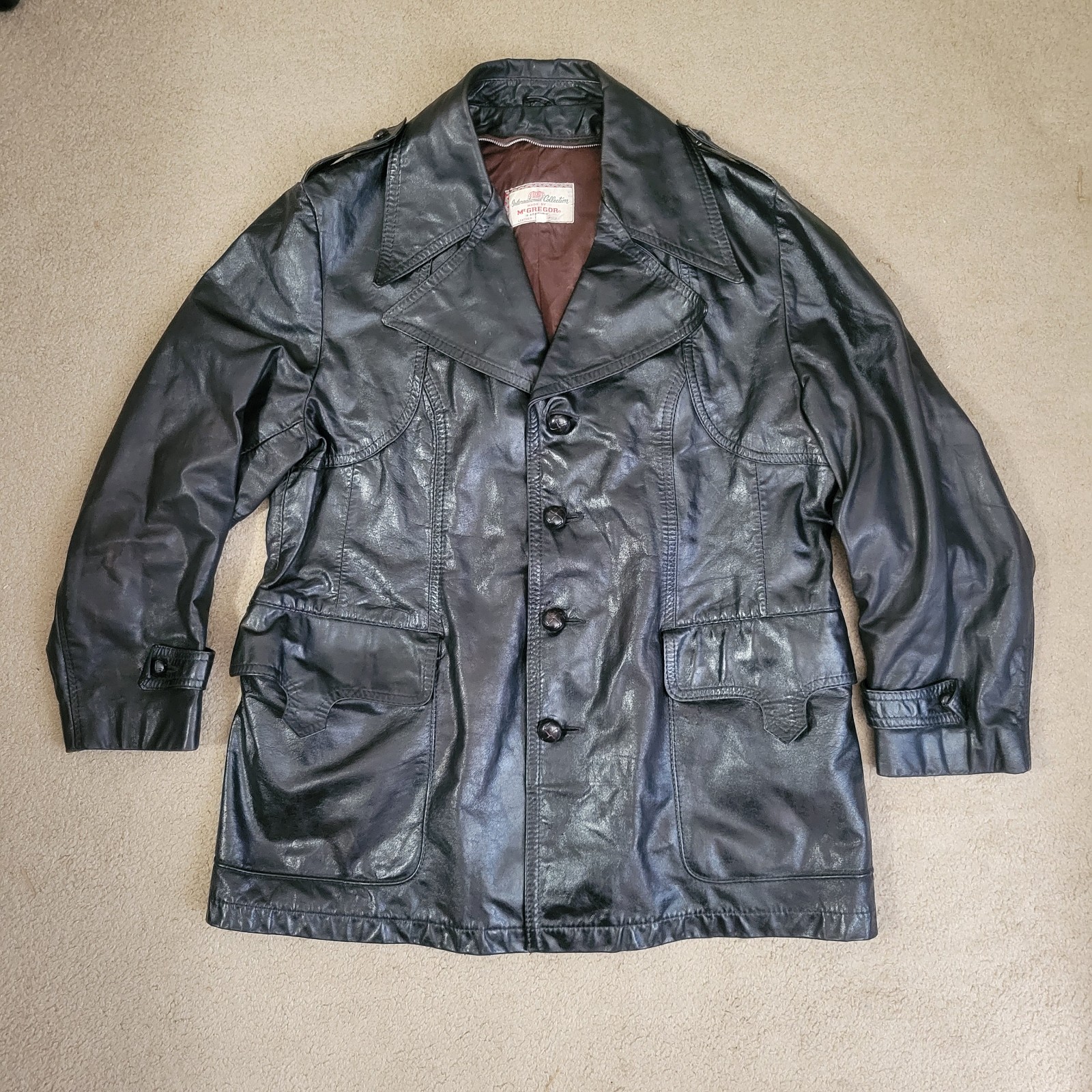 Vintage 60s McGregor International Leather Mens Coat Black Epaulettes Shaft