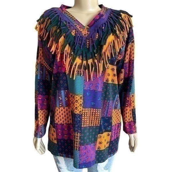 Vintage Women’s Patchwork Fringe Tassel Long Sleeve Top One Size Fits All Hippie