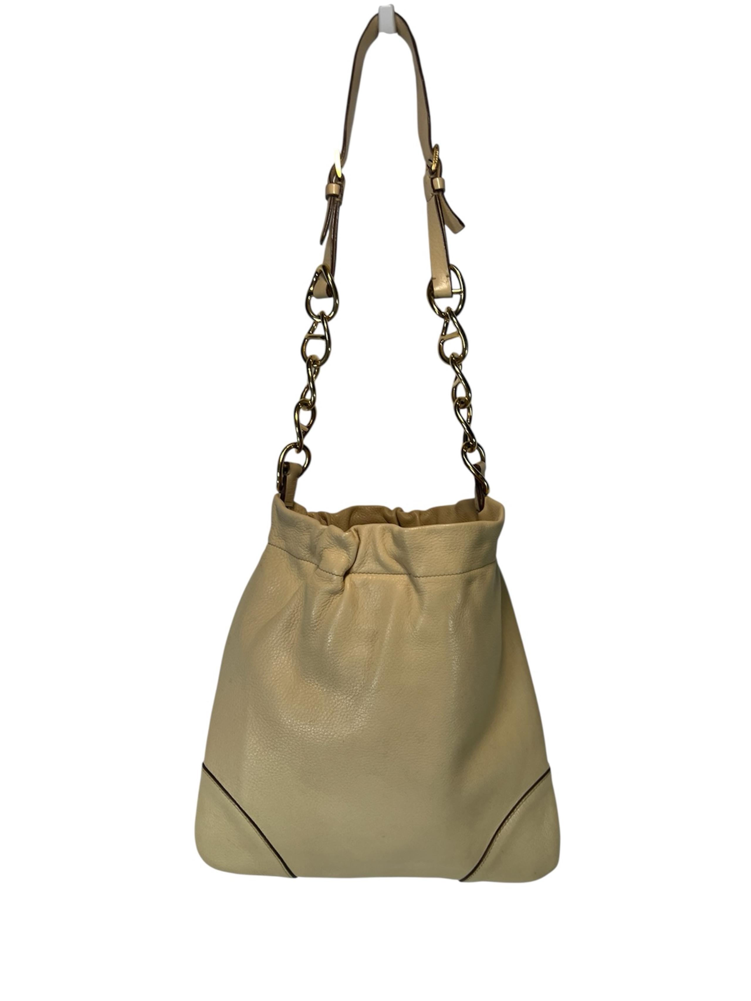 Authentic Prada Leather Beige Shoulder Bag w/ Chain Strap Leather Lining
