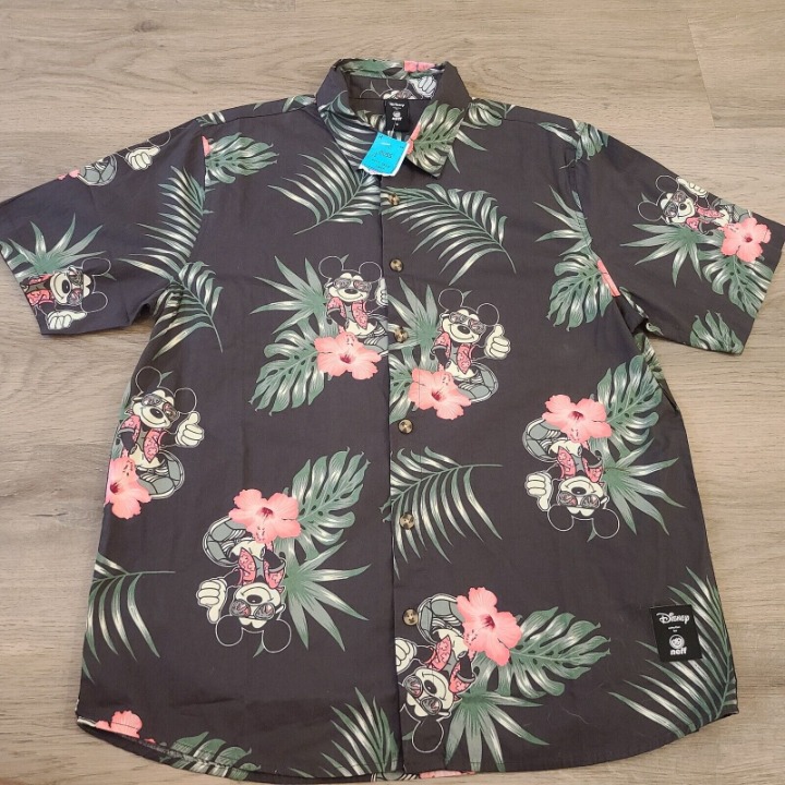 Disney X Neff Mickey Mouse Hawaiian Aloha Black Cotton Floral Shirt Mens Small S