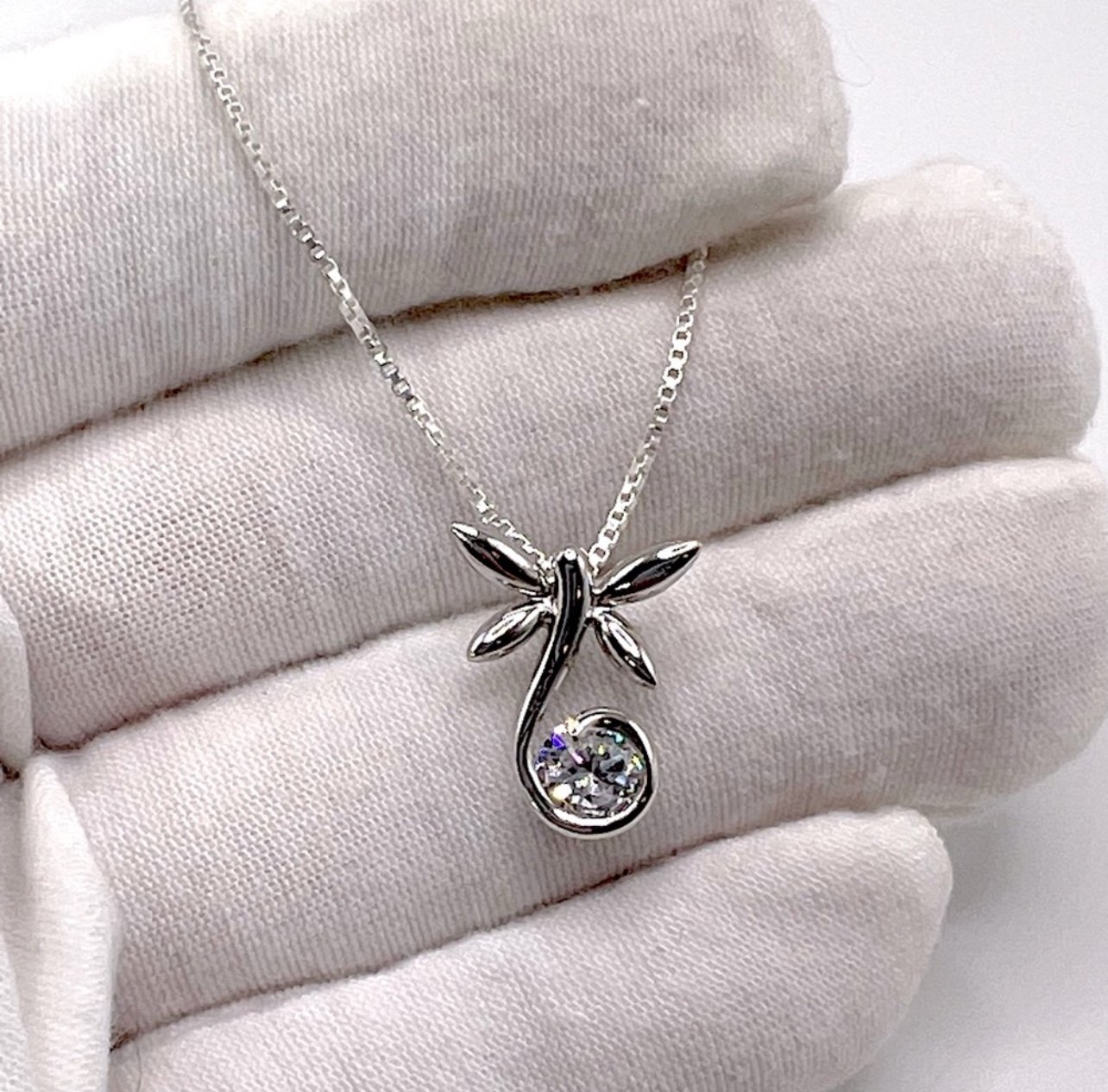 .925 Sterling Silver Dragonfly Necklace with Round Cz