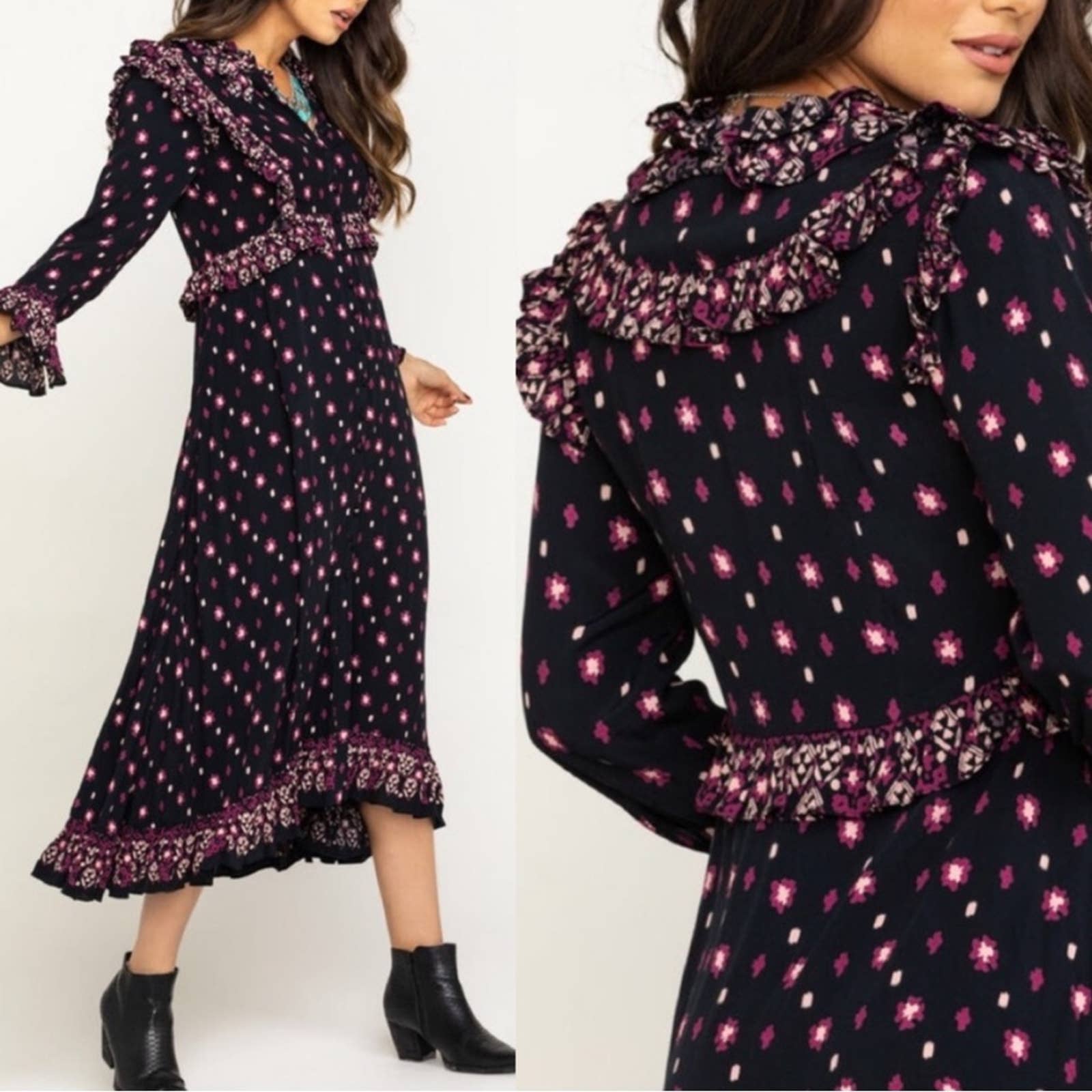 Free People Calico Skies Black Long Sleeve Flowy Button Up Midi Dress Sz M