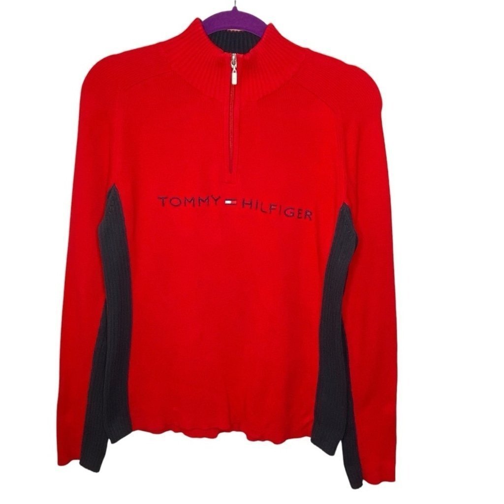 Tommy Hilfiger XL Red & Blue 1/4 Zip Pullover Embroidered Logo Pullover Sweater