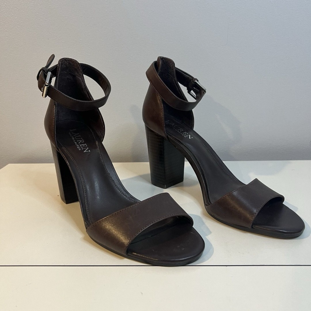 RALPH LAUREN Brown Leather Open Toe Ankle Strap Block Heels Size 8.5 Tacey