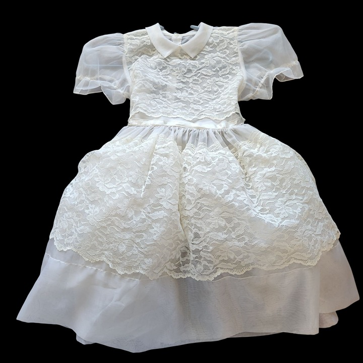 Vintage White Lace Girls Dress With Puff Sleeves & Peter Pan Collar