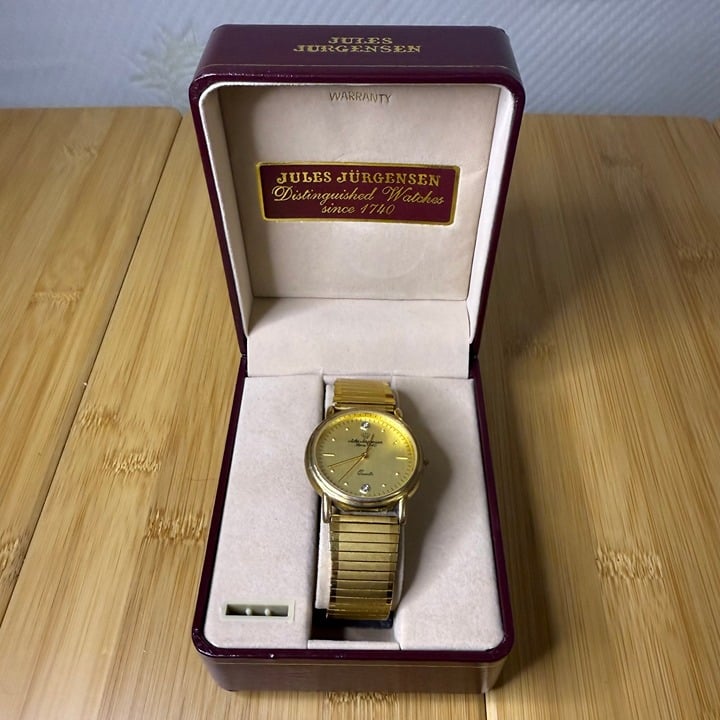 Vintage Jules Jurgensen 1970s Gold Tone Watch w Diamonds 377 7266 IOB, 33mm