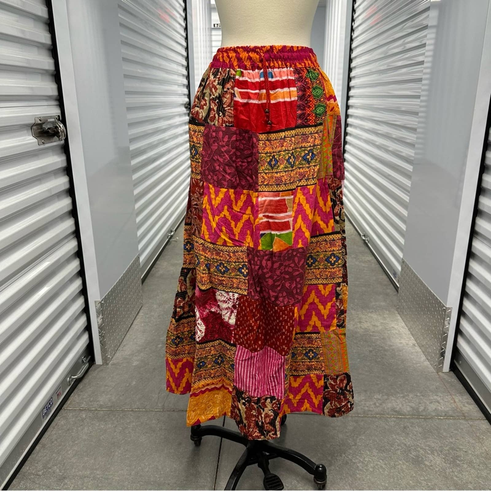 Vintage 80s 90s colorful india cotton midi skirt patchwork OS