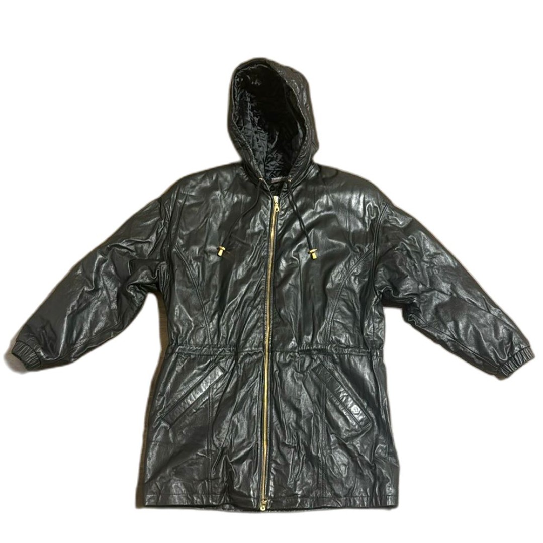 90s Wilson Black Leather Coat Belted Leather Drawstring Jacket with Hood Small