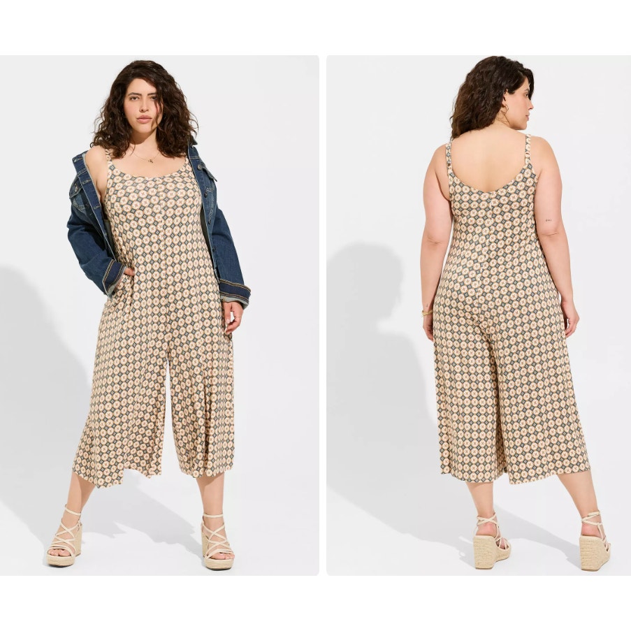 Torrid Super Soft Culotte Jumpsuit Tan Mindy motifs Wide Leg Crop Stretch Size L