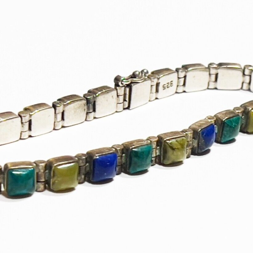 VTG 7 Native American Sterling, Lapis, Malachite & Olive Jasper Link Bracelet