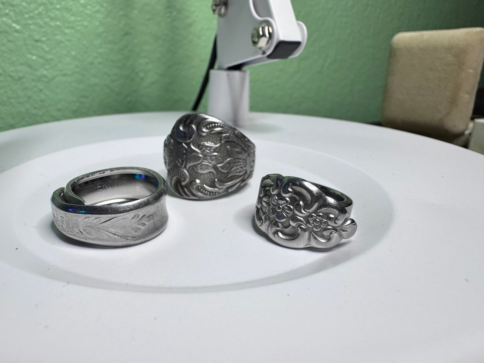 3 vintage spoon rings, two are marked stainless inside, the other maybe silver?