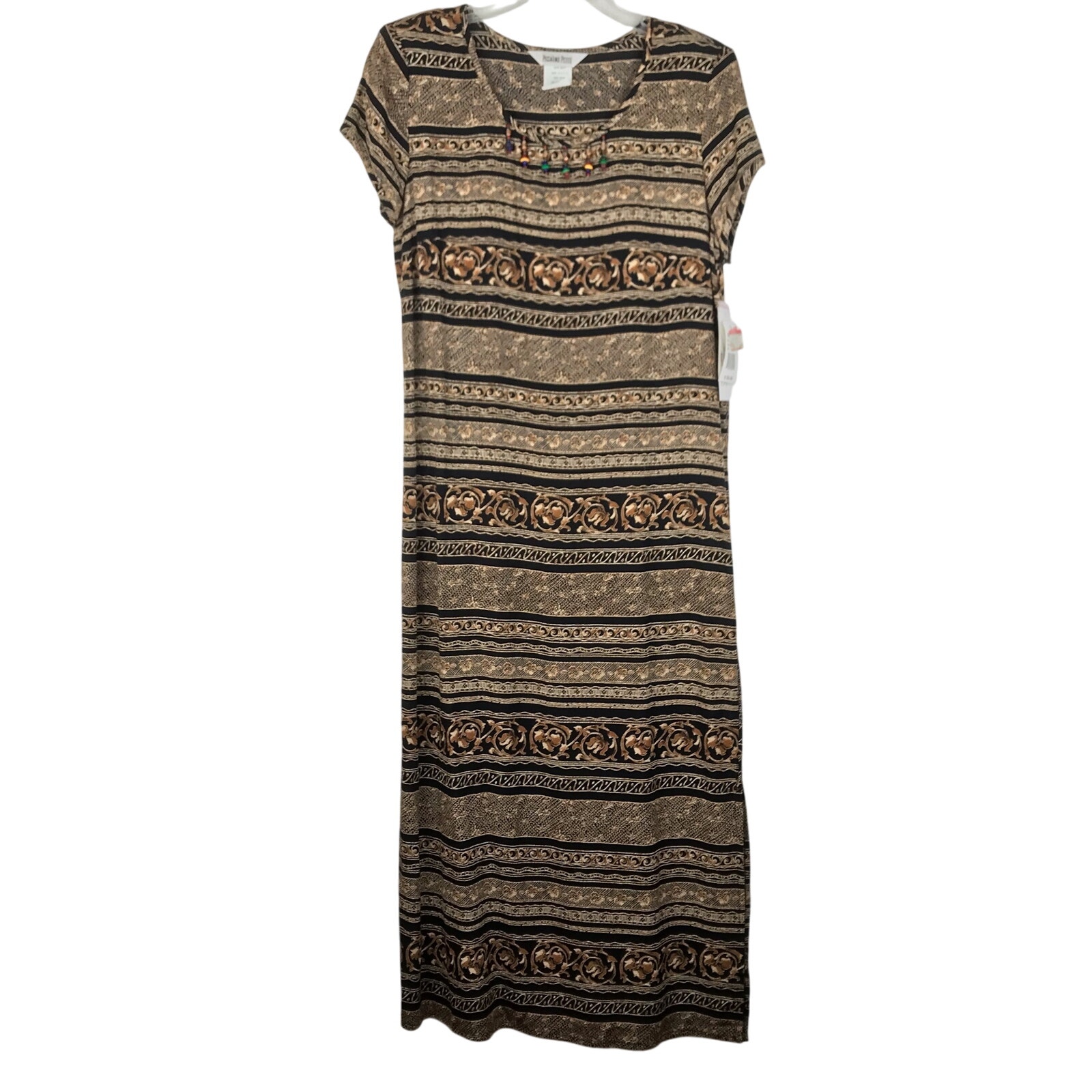 NOS Vintage Piccalino Petites Maxi Dress Beads Short Sleeve Black Brown Size 8P