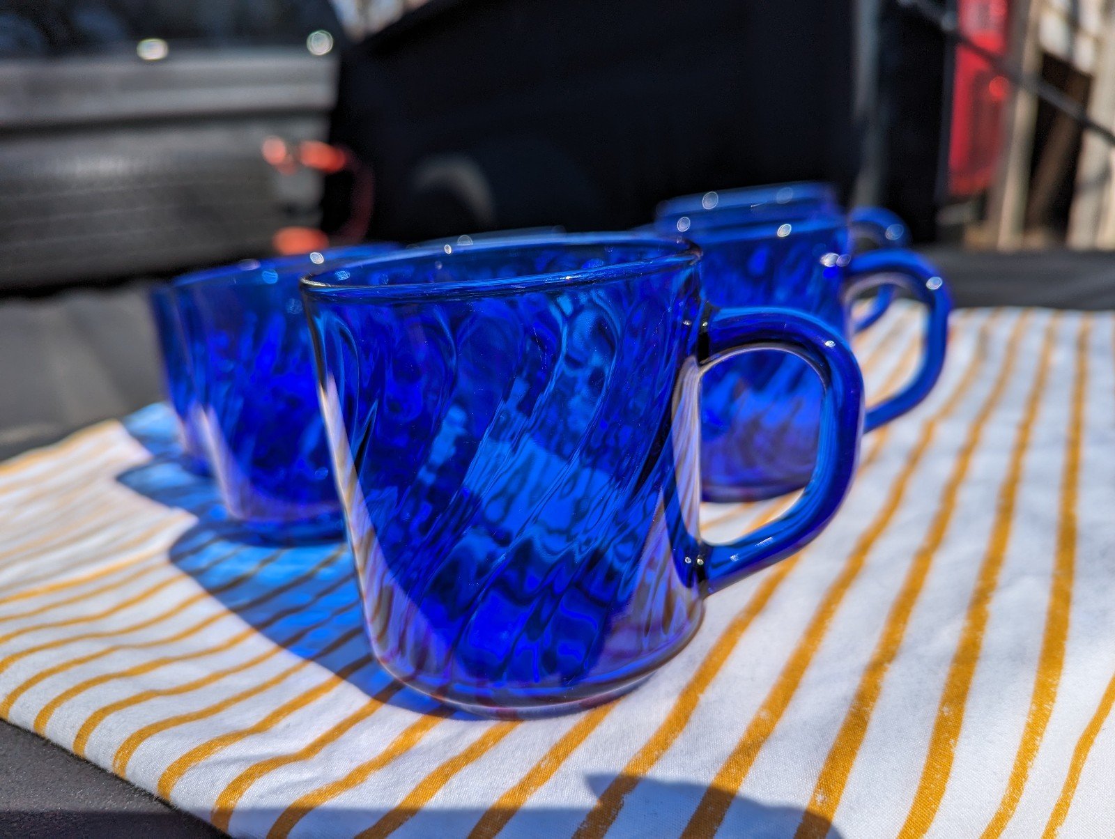 Vintage Cobalt Blue Swirled Glass Arcoroc France 3.5 Mugs, Set of 6