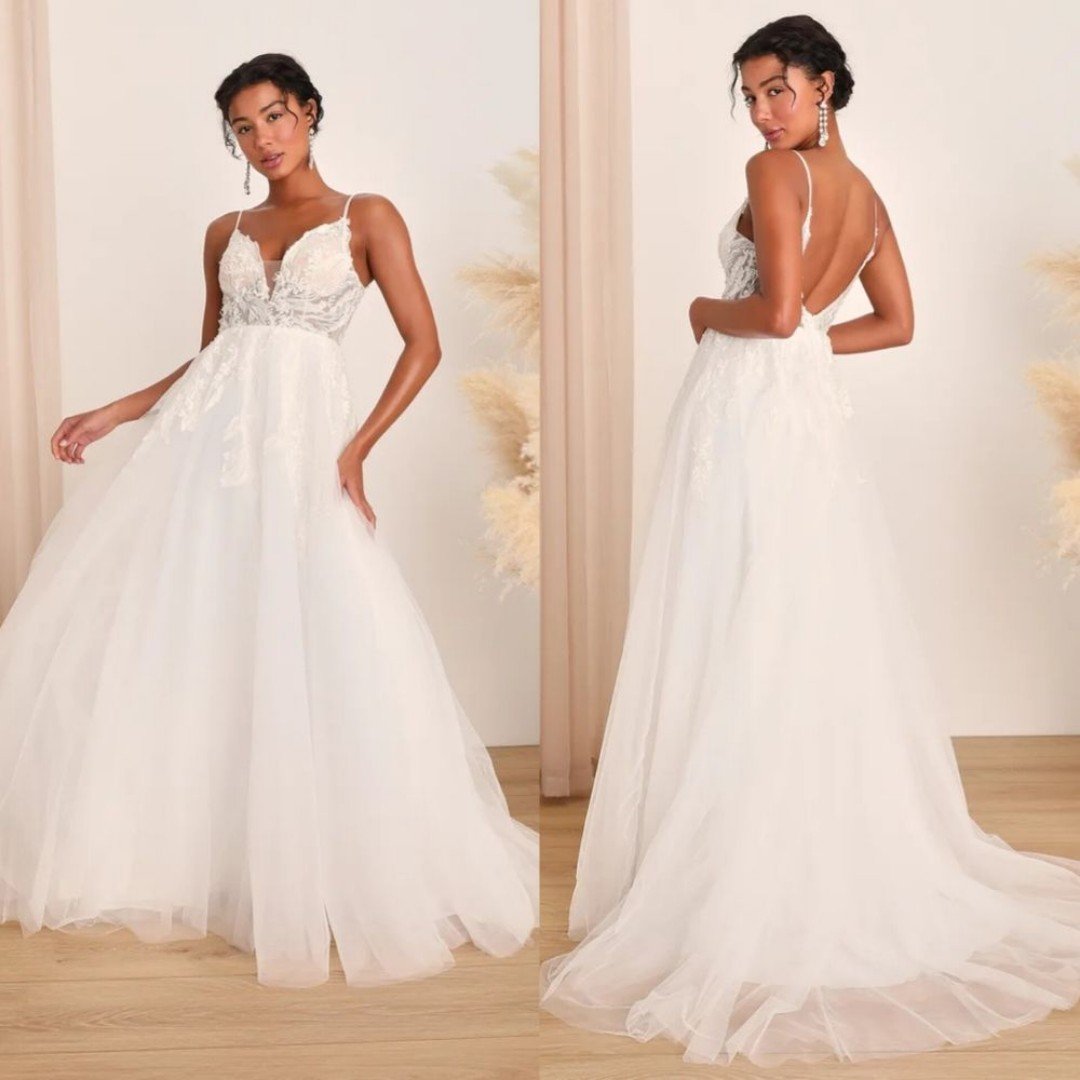 Lulus Fantasize About Forever White Tulle Lace A-Line Maxi Dress 4 Wedding Bride