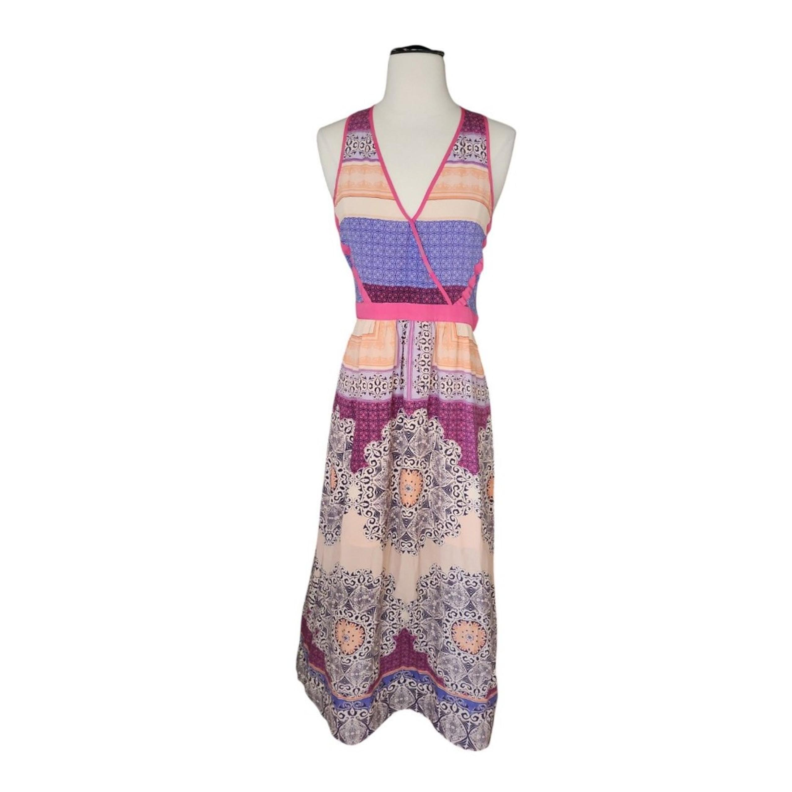 Spotlight By Warehouse Maxi Dress Women's 6 US Silk Pink Mixed Print Art To Wear