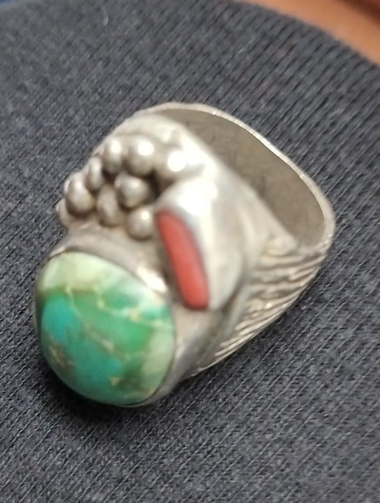 Authentic Navajo Sterling Silver Turquoise and Coral Large Men's Ring