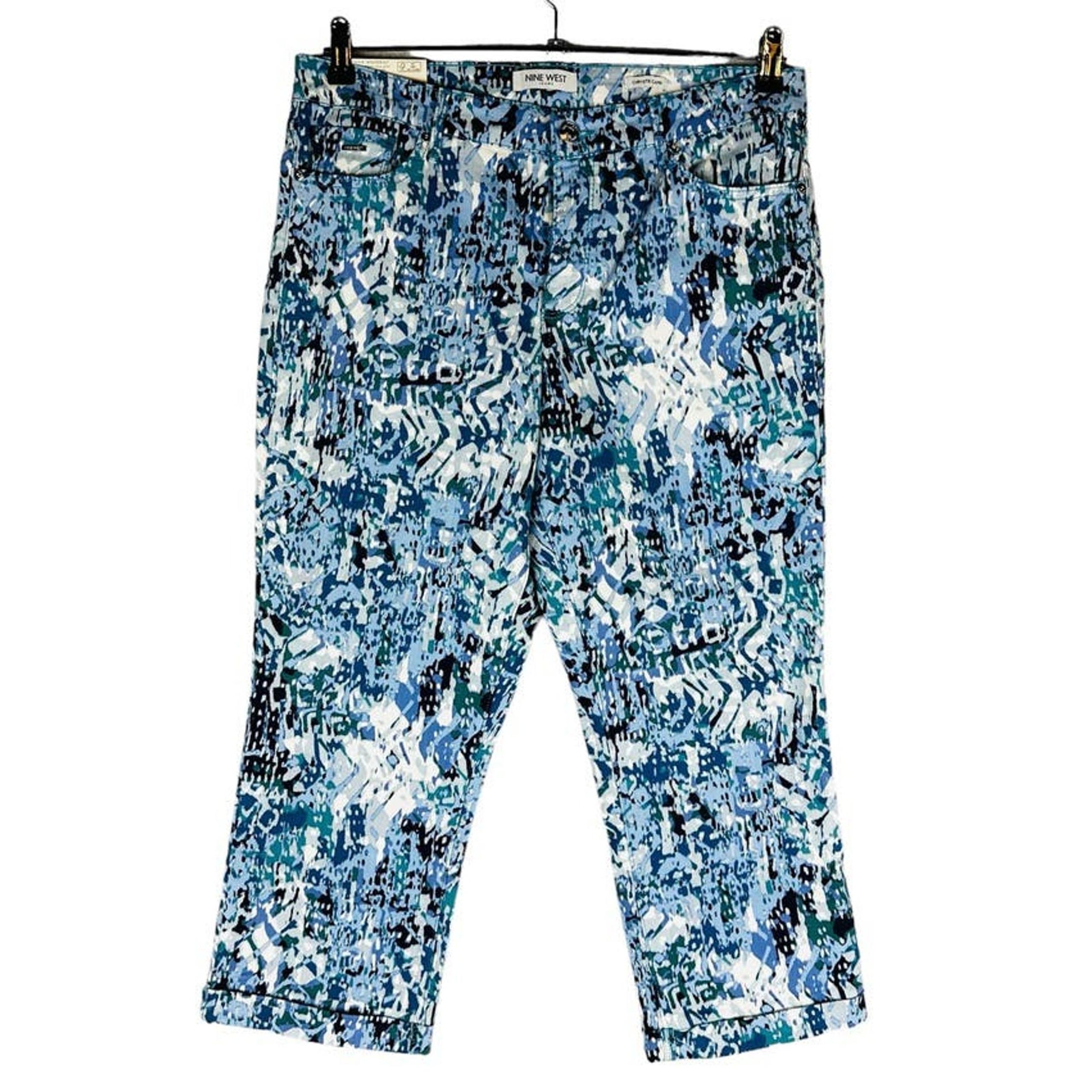 New Nine West Womans Sz 12 Chrystie Capri Pants Abstract Blue Cuffed Stretch NWT