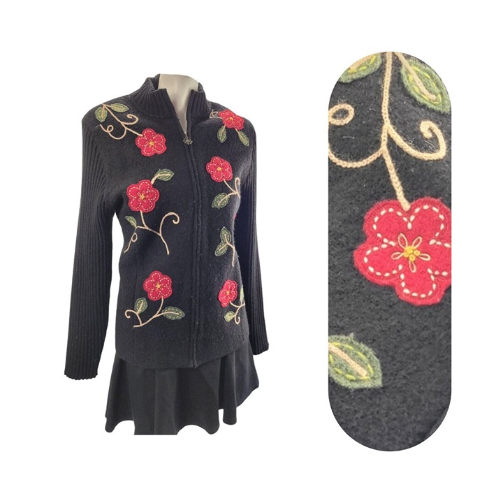 Alfred Dunner Wool Cardigan Black & Red Floral Embroidered Zip-Up Size M