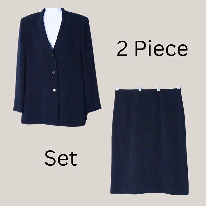 VTG Y2K Kasper Skirt Blazer Suit Set Women 12 Navy Blue Nautical Academia Career